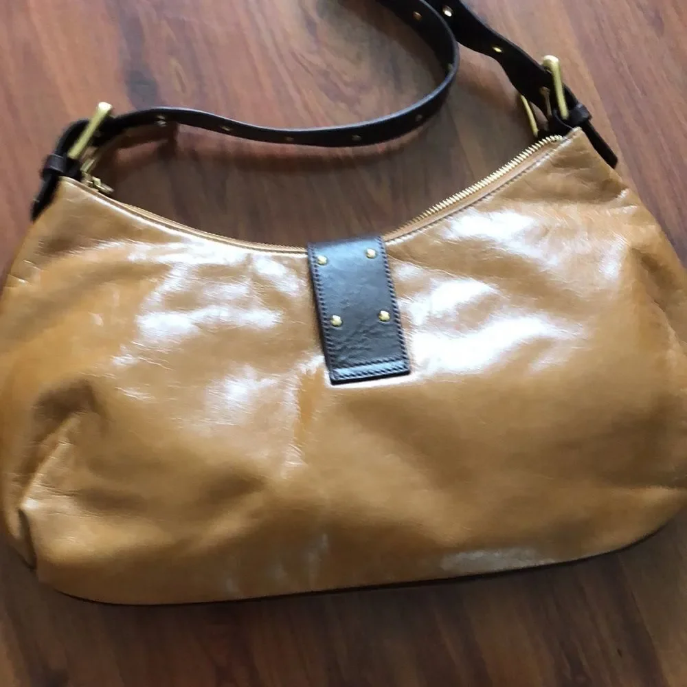 Sondra Roberts Tan, Brown & White Hobo Bag with Haircalf Accents